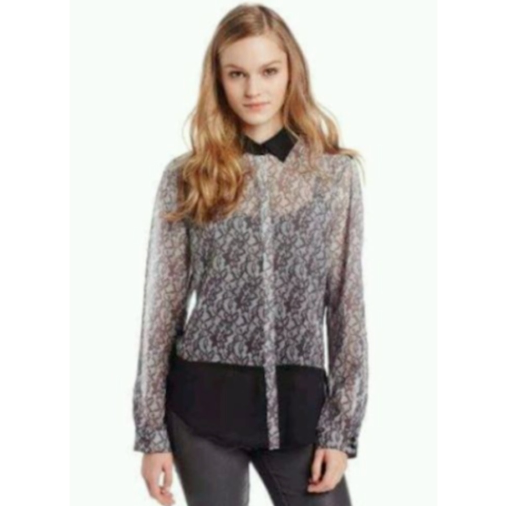 Gray & Black Lace Color block Button Up Blouse